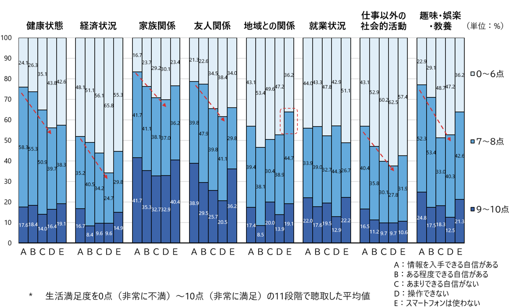 図6　分野別満足度*（スマホ利用スキルの自信別）
