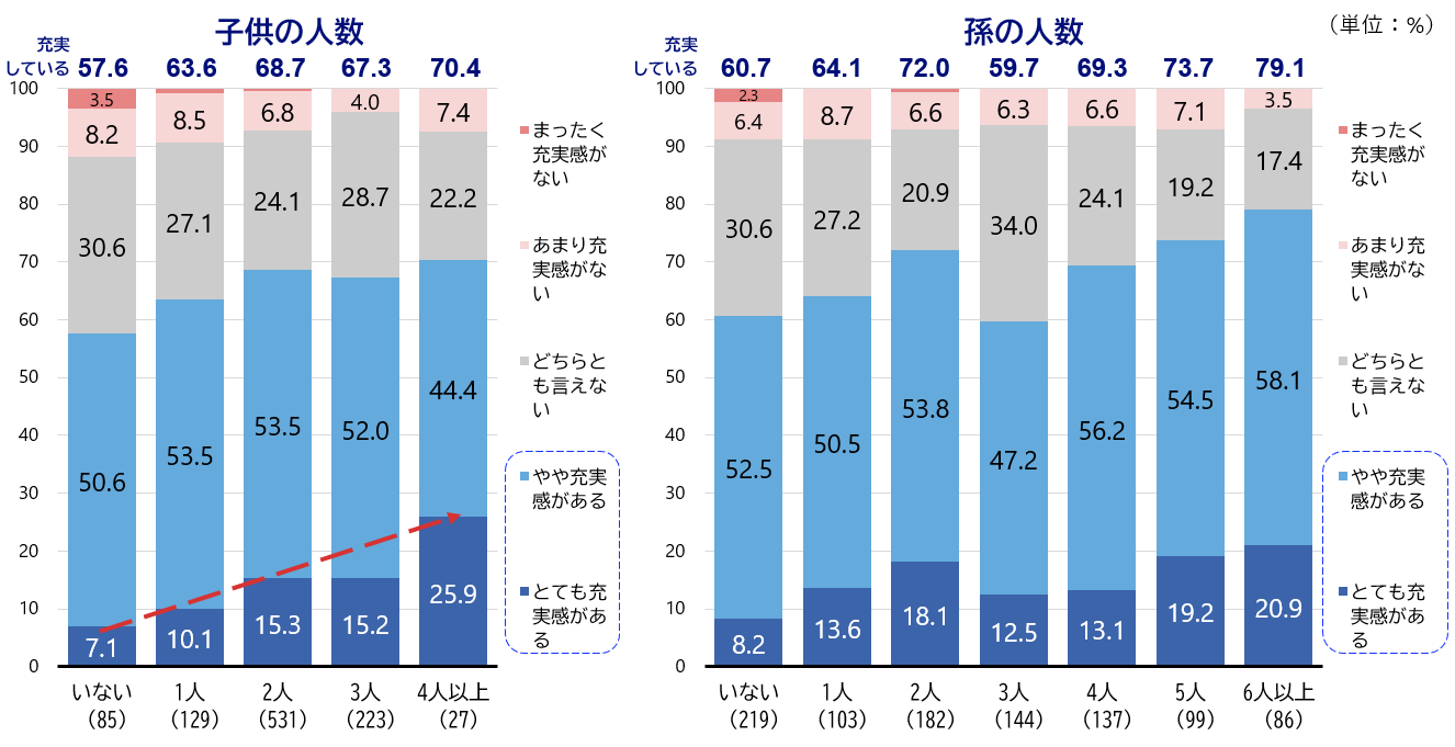 シルニアス調査：子供の人数・孫の人数別に見た高齢者の毎日の生活の充実感。「とても充実感がある」割合は子供・孫が多いほど高まる傾向があるが、子供4人以上、孫3人・6人以上で特徴的な動きが見られるグラフ。